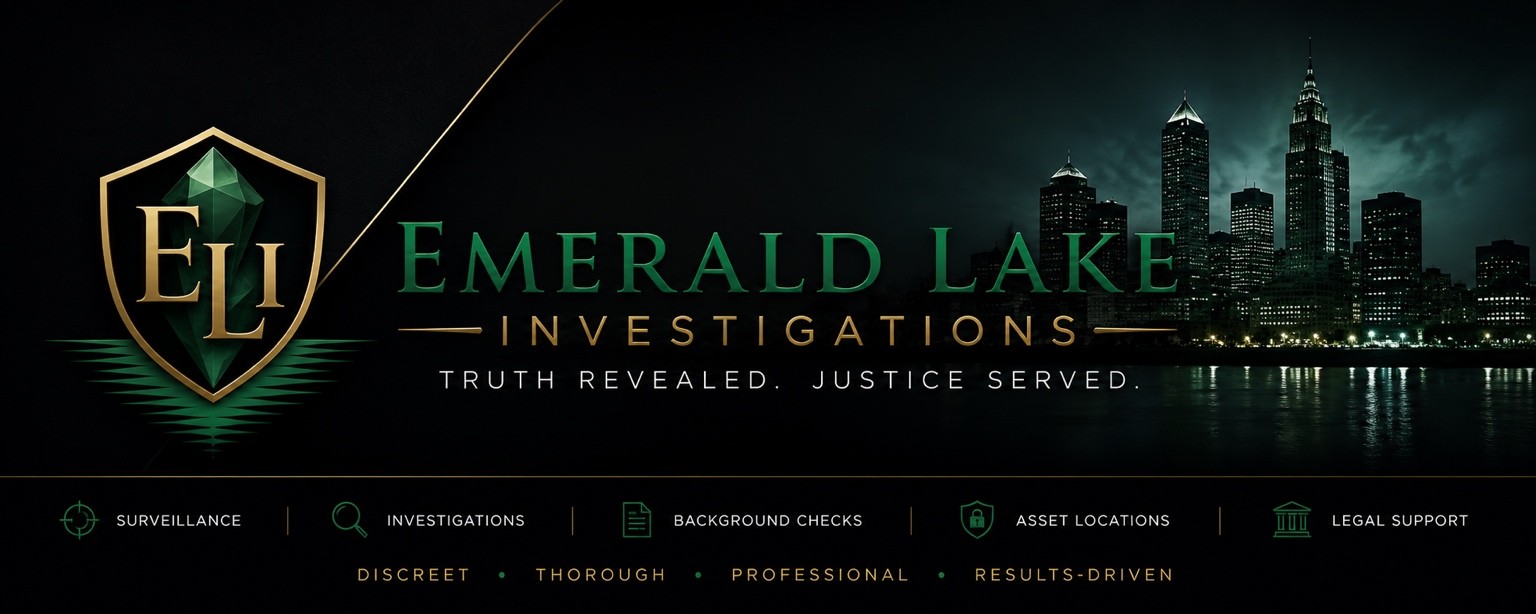 Emerald Lake Investigations official banner with Cleveland skyline, shield and company slogan